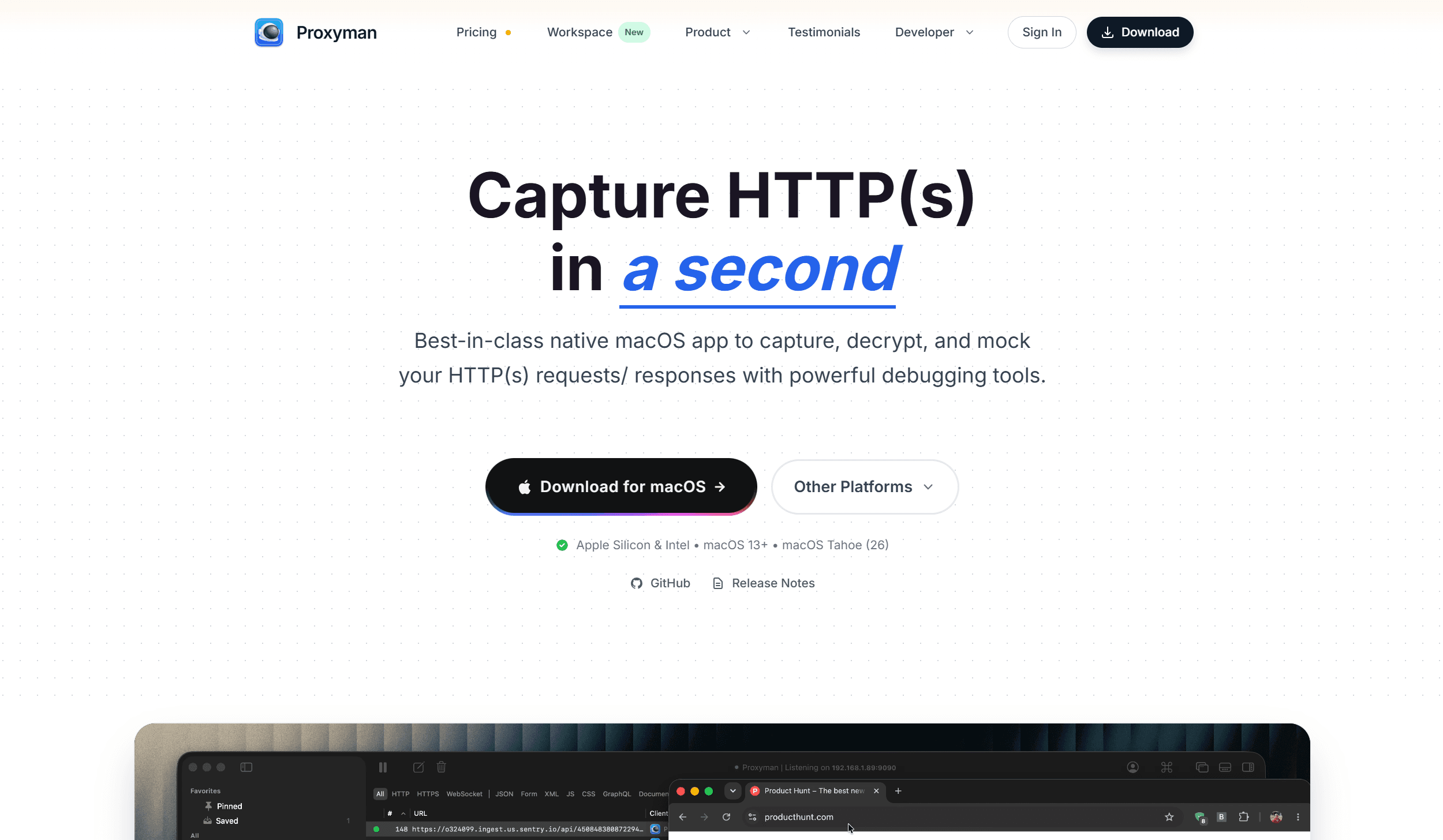Proxyman HTTP debugging proxy showing intercepted requests on Mac