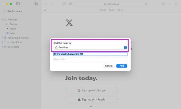 Safari Add Bookmark dialog on Mac with Add this page to set to Favorites