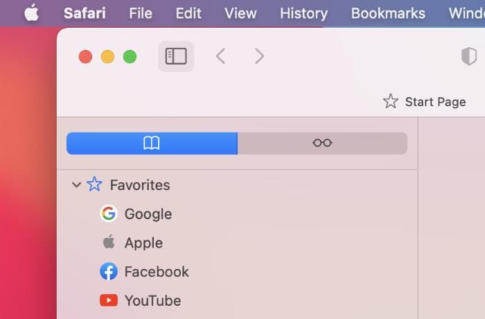 Safari Bookmarks sidebar on Mac with the Favorites folder expanded to show Google, Apple, Facebook, and YouTube