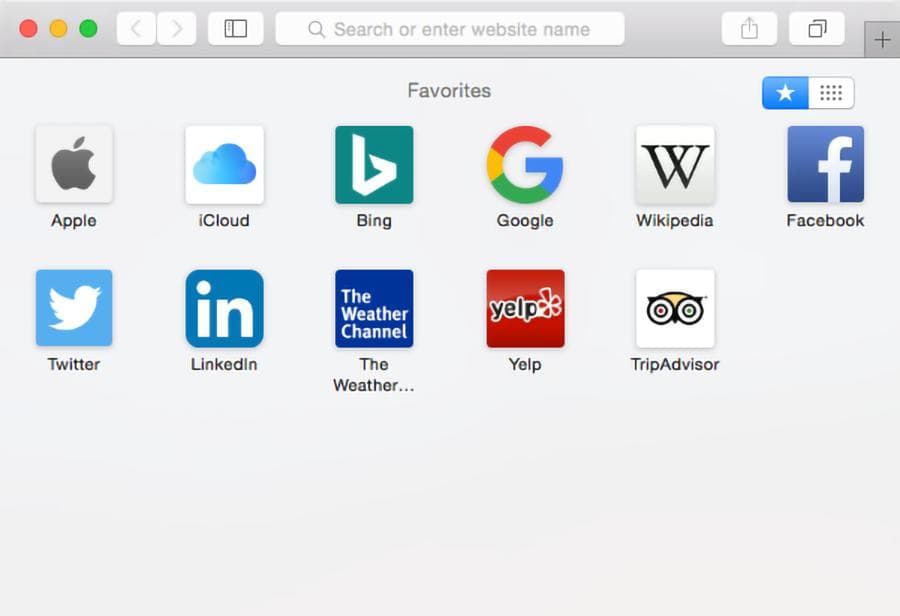 Safari Start Page on Mac showing a Favorites grid of website icons