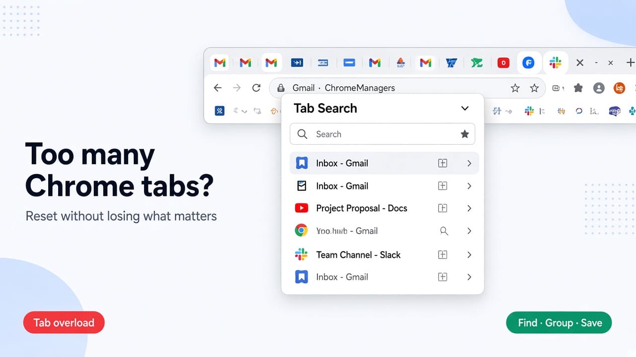 Chrome tab strip with Tab Search open, used as the featured image for resetting too many open tabs.