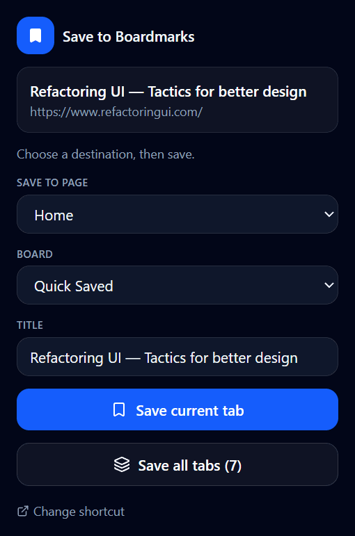 Boardmarks Chrome toolbar popup with page and board selectors, Save current tab, and Save all tabs