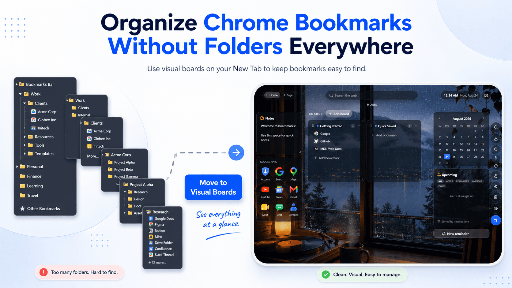 Organize Chrome bookmarks with Boardmarks visual boards instead of nested folders