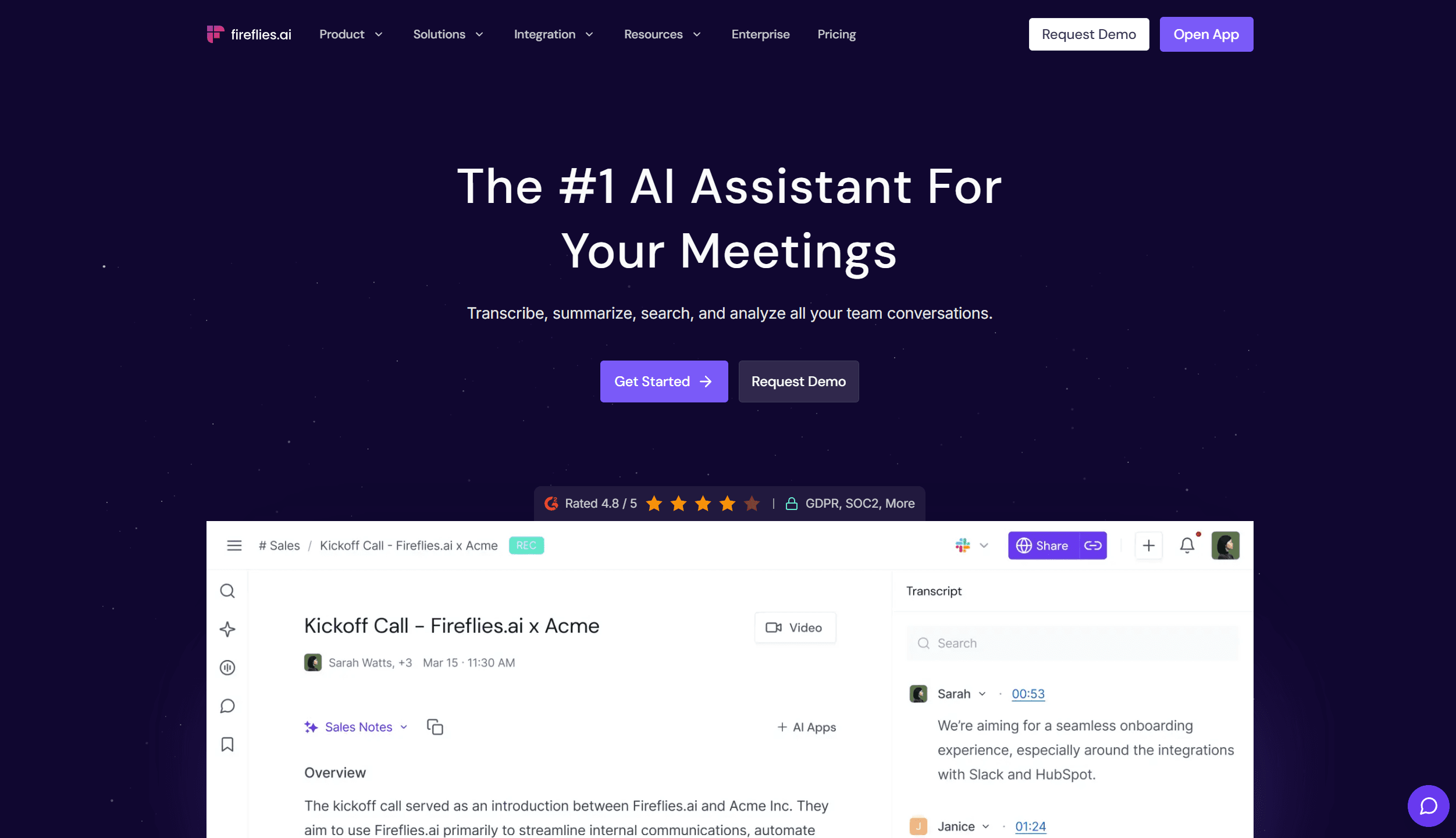 Fireflies.ai meeting transcription and AI summary dashboard