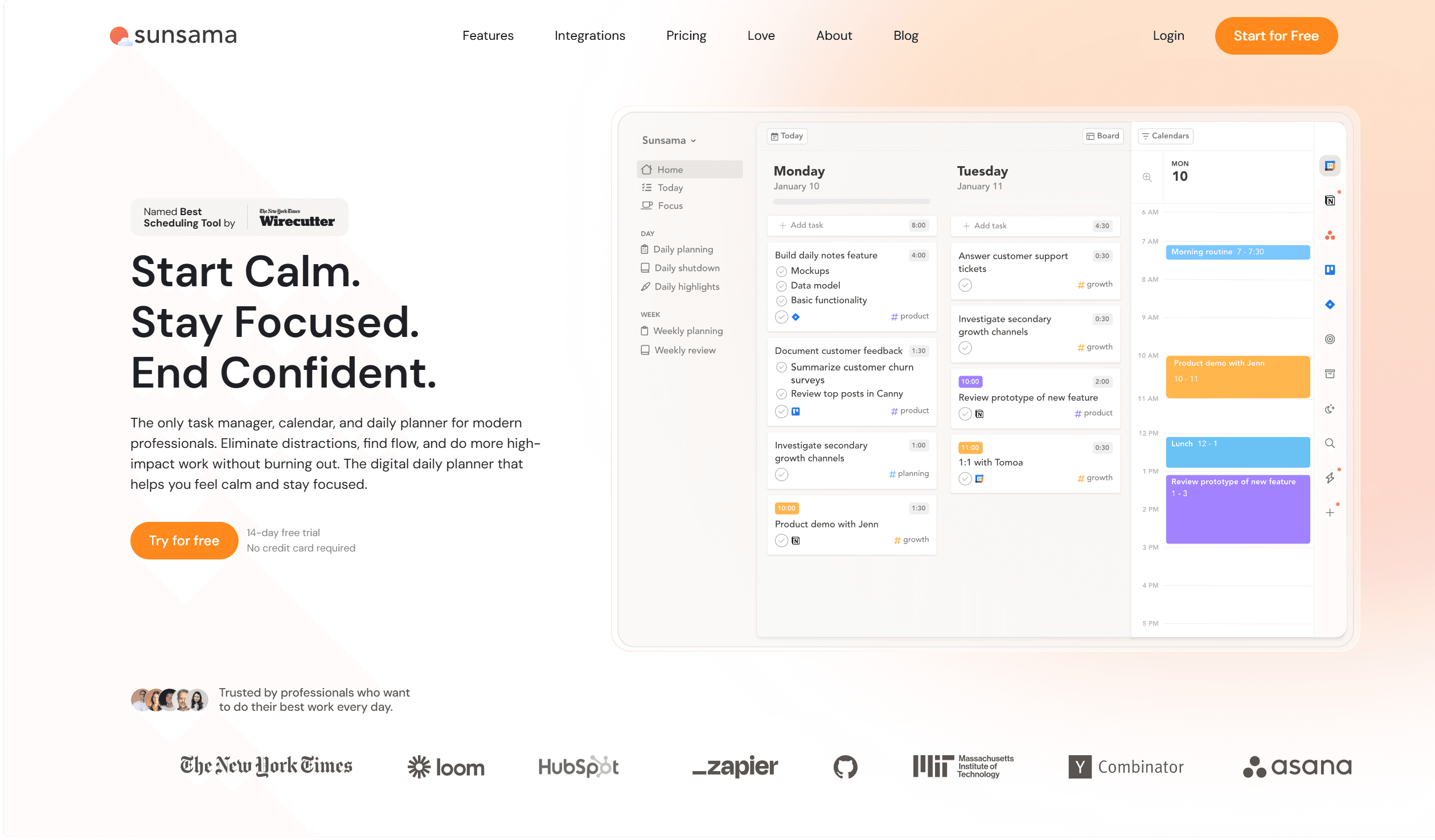 Sunsama daily planner showing time-blocked tasks for remote work