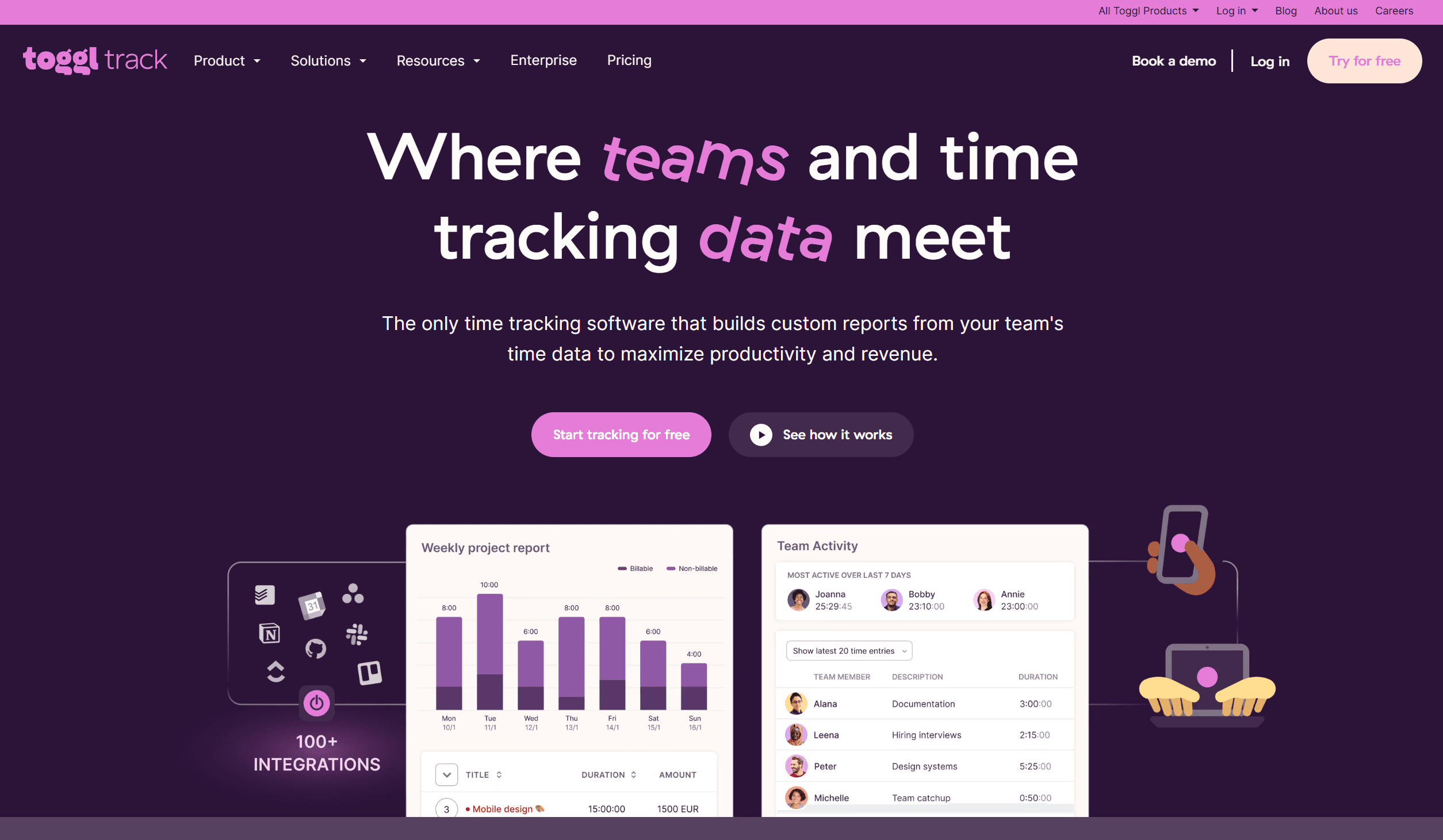 Toggl Track time tracking dashboard showing remote work hours by project