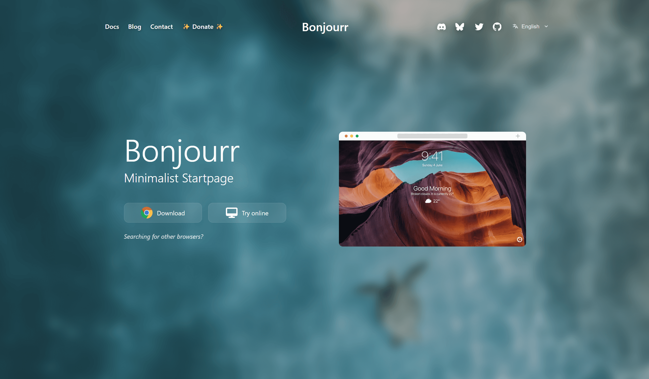 Bonjourr Chrome New Tab with minimal clock, greeting, and landscape photo