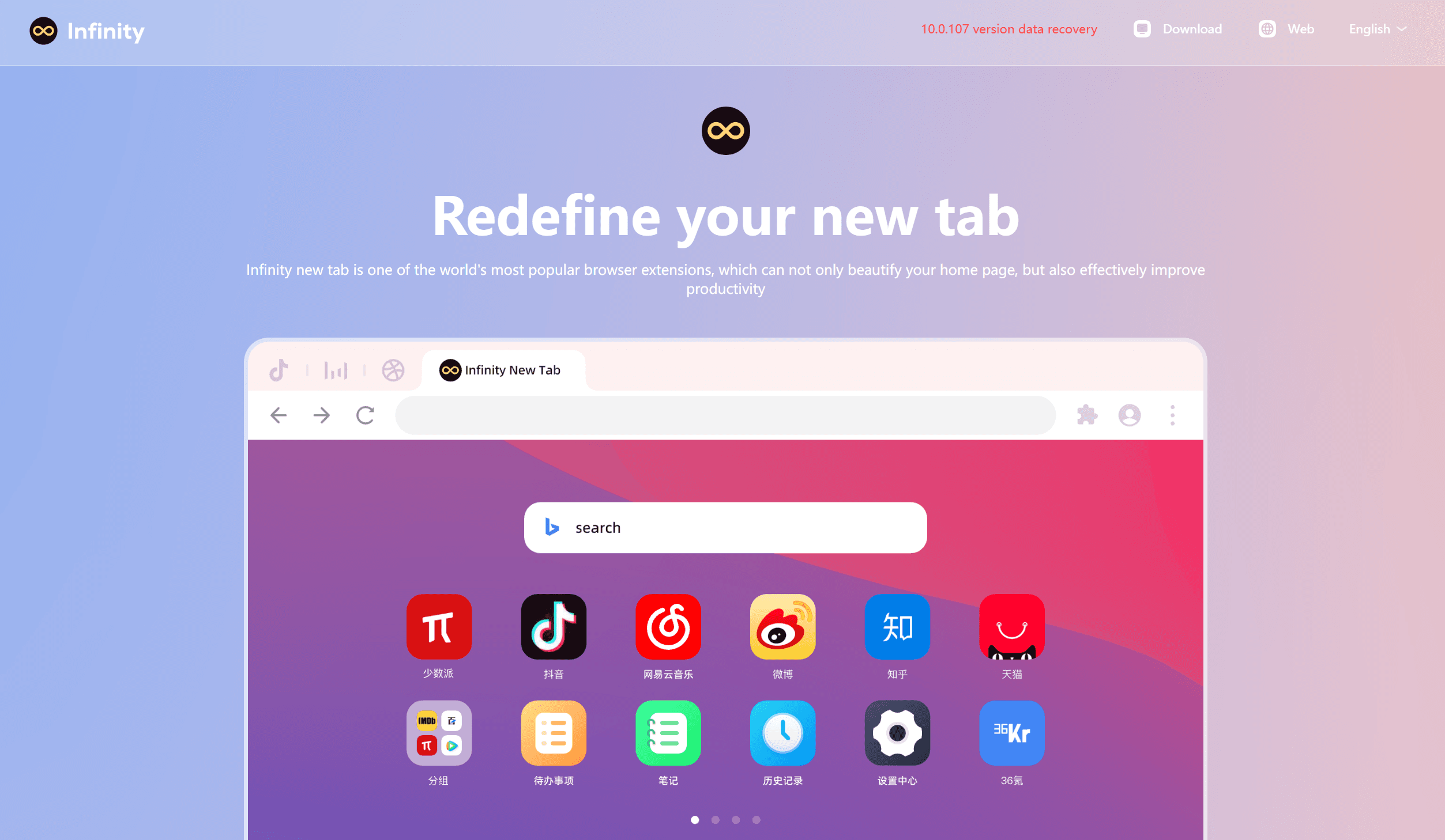Infinity New Tab Chrome extension showing widget dashboard with speed dials and app icons