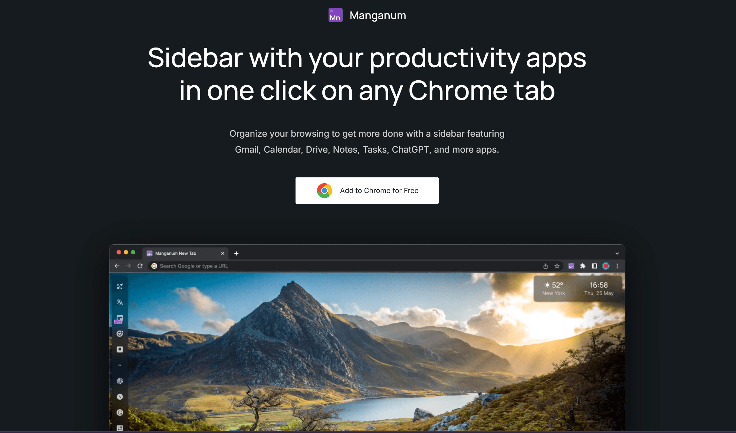 Manganum Chrome New Tab with sidebar showing Google Calendar, Tasks, and bookmarks