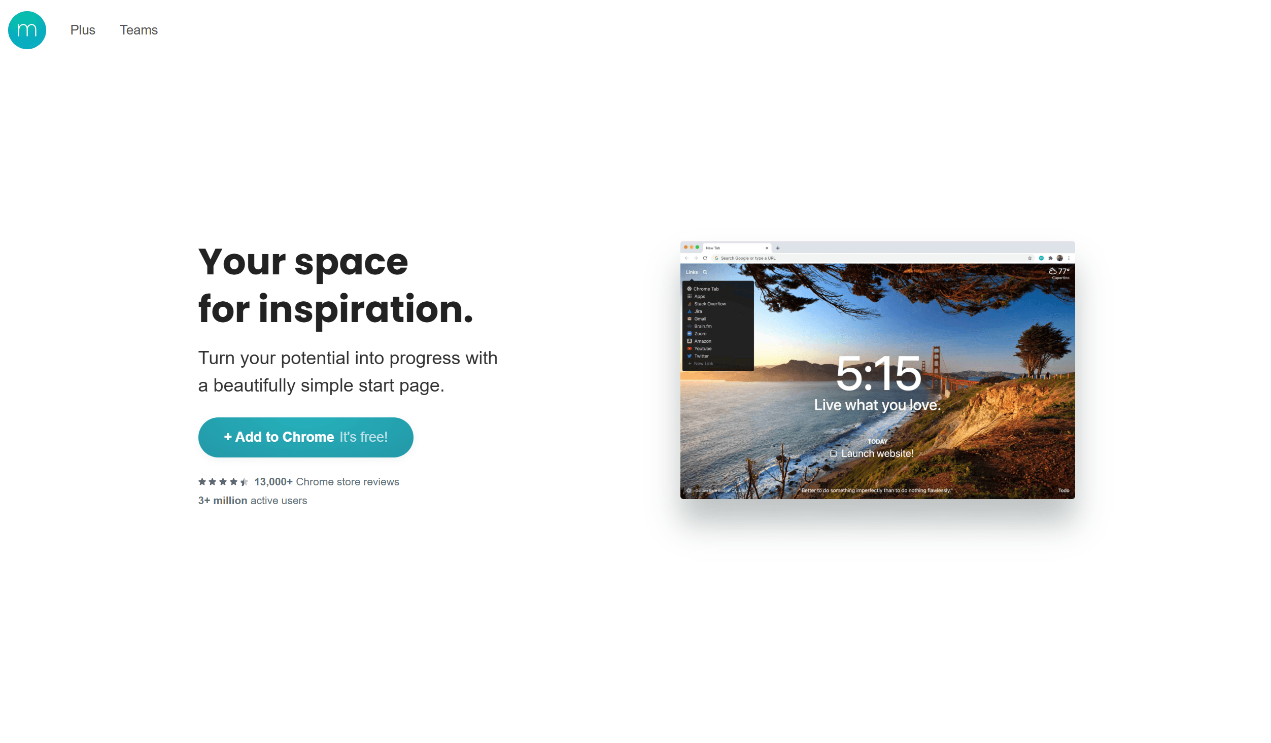 Momentum Chrome New Tab with daily focus prompt, clock, and landscape wallpaper