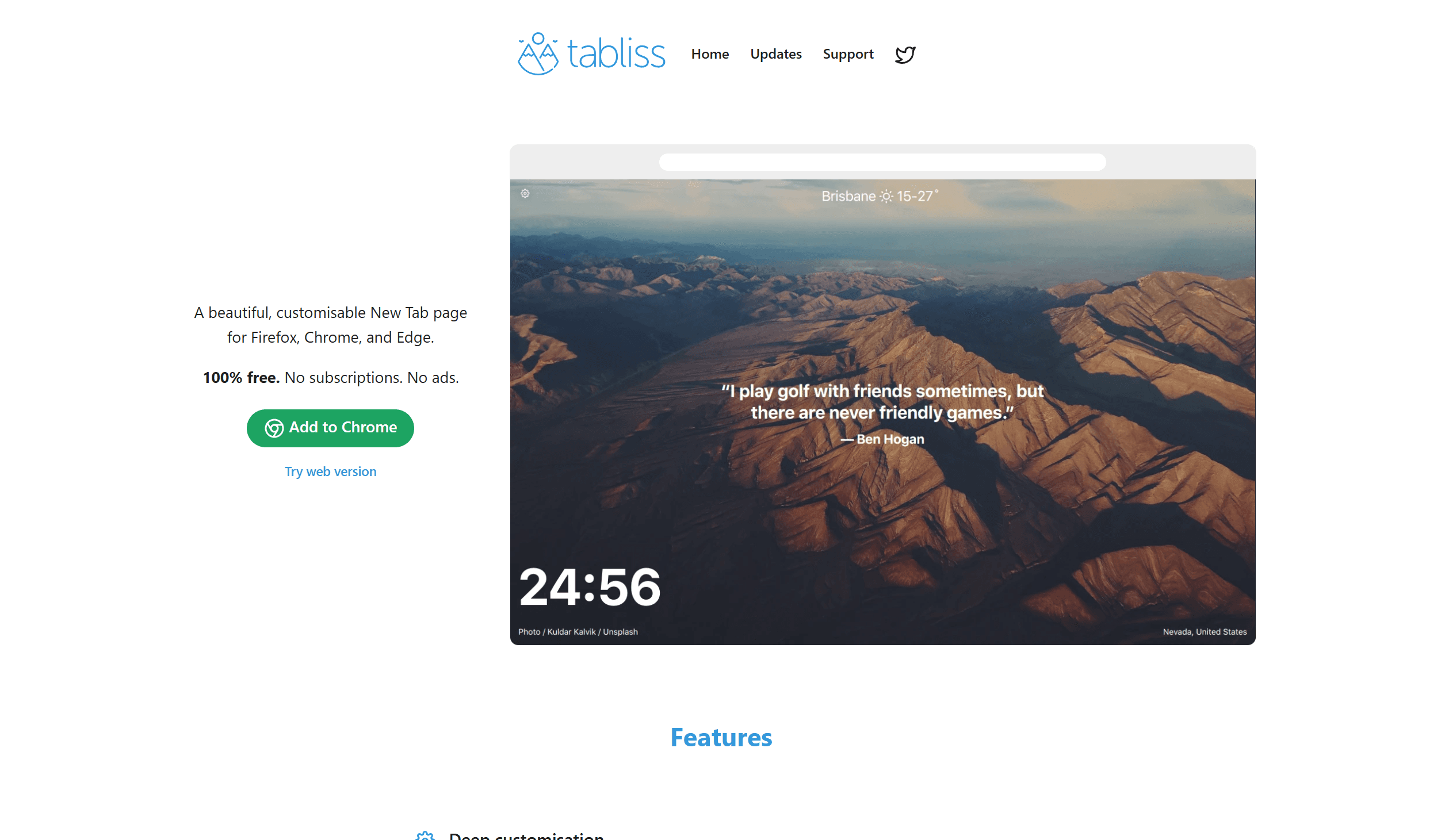 Tabliss Chrome New Tab with clock, minimal widgets, and custom background