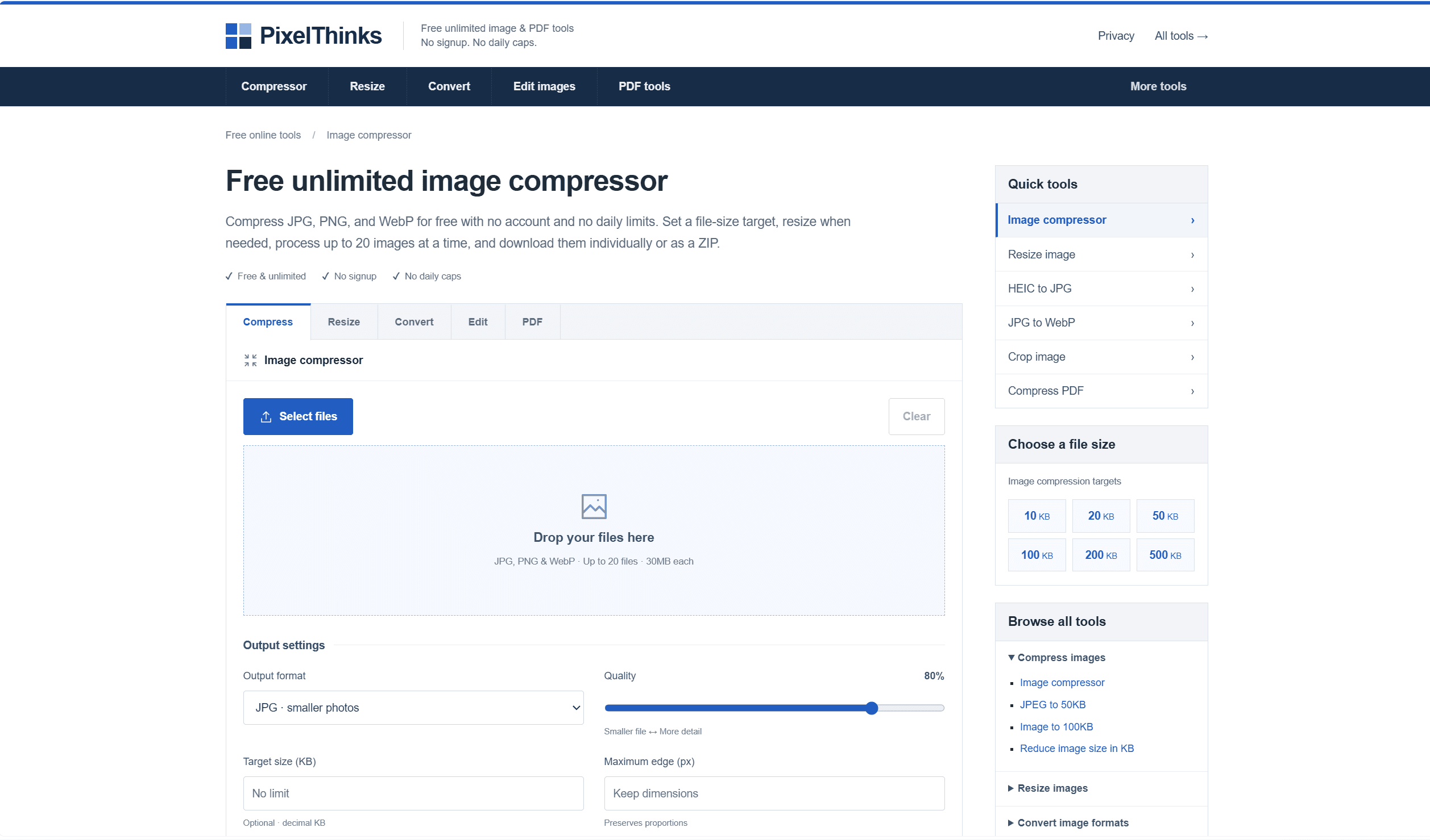 PixelThinks free unlimited image compressor page with file upload area, compress settings, and no-signup messaging