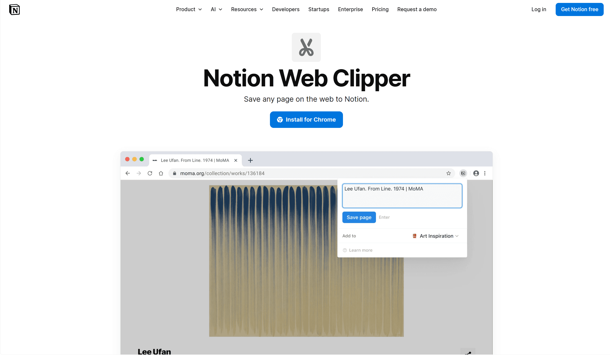 Notion Web Clipper saving a webpage into a Notion workspace