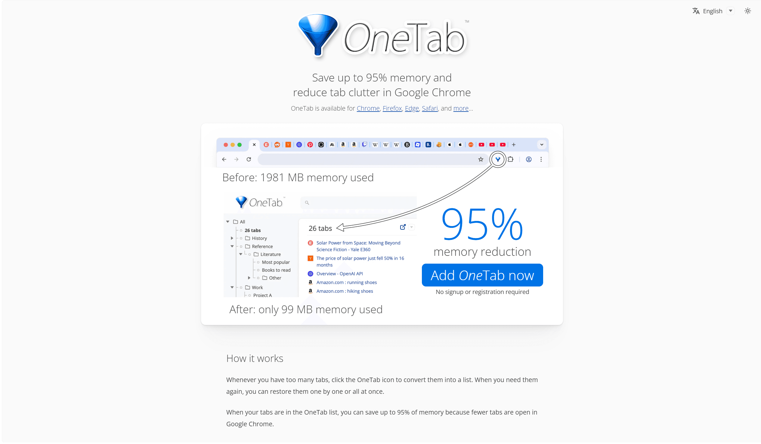 OneTab Chrome extension converting open tabs into a saved list